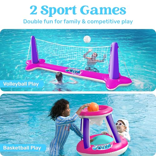JOYIN Inflatable Pool Float Set Volleyball Net & Basketball Hoops, Floating Swimming Game Toy Floaties for Kids and Adults Volleyball Court (105”x28”x35”)|Basketball (27”x23”x27”),L-Pink Purple - color: Pink Purple, size: Large