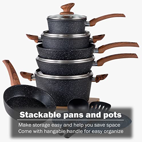 Kitchen Academy Induction Cookware Sets - 12 Piece Cooking Pan Set, Granite Black Nonstick Pots and Pans Set - color: Black, size: 12 PCS Cookware Set