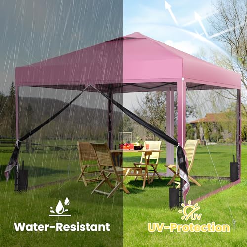 GDY 10x10 Pop up Canopy Tent with Mosquito Netting, Easy up Gazebo for Patio, Camping and Garden, Includes 4 Sandbags, Pink - color: Pink, size: 10x10 with Mosquito Netting