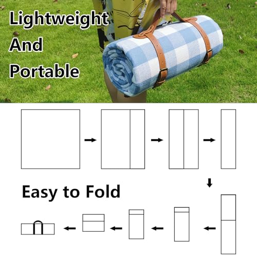 79”x79” Picnic Blanket Extra Large, Waterproof and Foldable Beach Blanket, 3-Layer Outdoor Blanket for 6 to 8 Adults, for Camping, Park, Beach, Grass, Indoors - color: Blue and White Grids