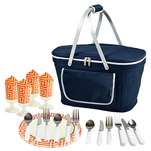 Picnic at Ascot Patented Collapsible Insulated Picnic Basket Equipped with Service For 4- Designed and Assembled in USA - color: Navy/Orange