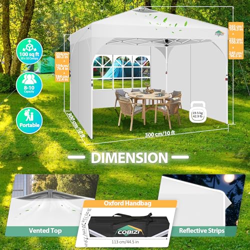 COBIZI 10x10 Pop up Canopy, Canopy Tent for Party with One Push Central Button Air Vent, Event Shelter with Sidewalls and Reflective Strip (White) - color: White, size: 10x10ft With 3 Sidewalls