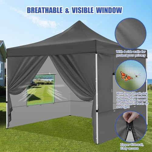 Yesker 10x10 Pop Up Canopy Tent with 4 Sidewalls Portable Folding Outdoor Canopy Easy Setup Gazebo Waterproof Instant Popup Shelter Tent w Wheeled Carry Bag sandbags for Events Parties Camping, Gray - size: 10x10FT Gray w Sidewalls