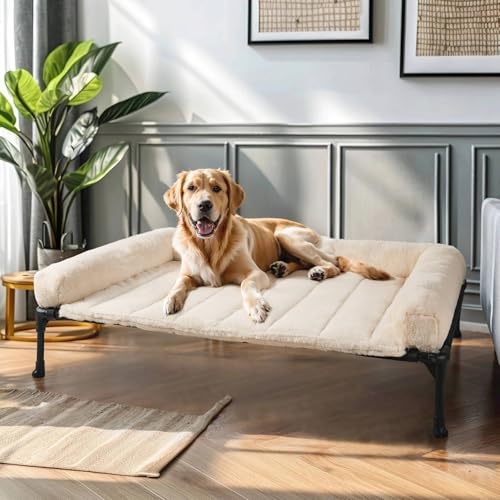 Veehoo Orthopedic Elevated Dog Bed with Fluffy Plush Bolster Cushion, Indoor Raised Dog Beds for Large Dogs, Soft Pet Sofa Cot with Removable Washable Mat, No-Slip Feet, 42 x 30 inches, Cream White - color: Cream White, size: 42.0"L x 30.0"W x 7.0"Th
