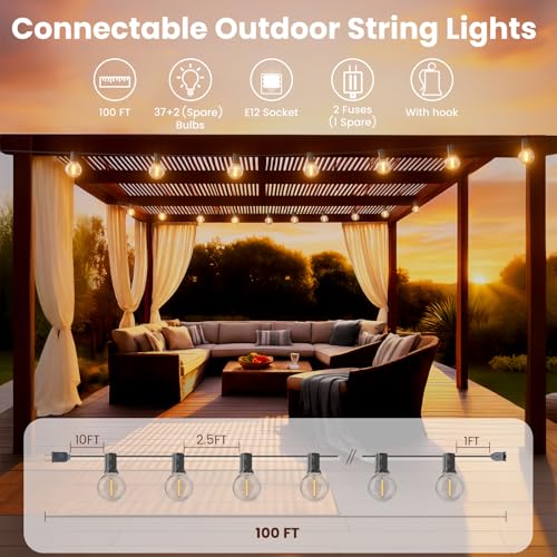 RTTY Outdoor String Lights 100 FT, Patio Light for Outside, Waterproof G40 Shatterproof LED Bulbs, Dimmable Hanging Connectable Globe Lighting for Backyard, Porch, Bistro, Balcony, Party, Warm White - size: 100FT