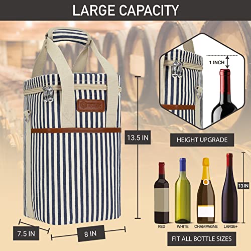 Opux 4 Bottle Insulated Wine Cooler Bag - Portable, Leakproof Padded Carrier for Travel, Picnic, BYOB - Navy White Stripe - color: Stripe Navy, size: 4 Bottle
