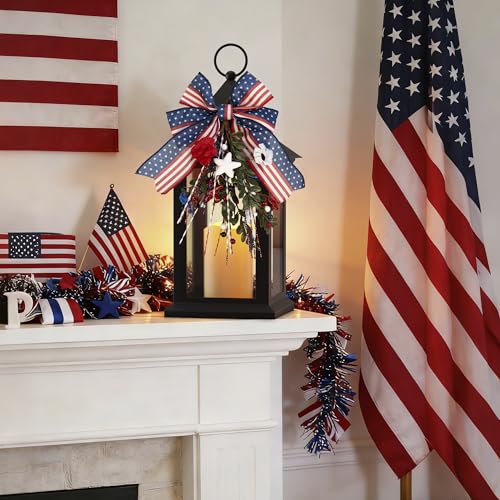 Patriotic Lanterns Decorative Indoor, 2 Pack Black Lantern with Timer Flameless Candle, 14" Battery Waterproof Outdoor Hanging 4th of July Lanterns for Porch, Patio, Patriotic Decorations - color: Patriotic-2pcs