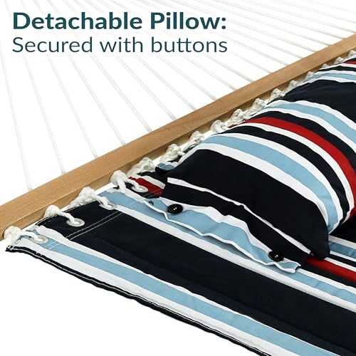 Sunnydaze Quilted Double Hammock for Outside with Spreader Bars and Pillow - 450 lb Capacity, 74x55 Inch Bed, UV Resistant, Quick Dry - Chains Included, Stand Sold Separately - Nautical Stripe - color: Nautical Stripe