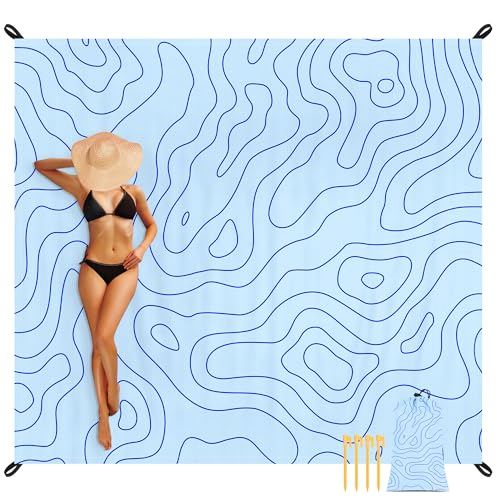 110''×118'' Beach Blanket for 2-8 Adults, Polyester Waterproof Sandproof Beach Mat with 4 Stakes & Storage Bag, Oversized Compact Foldable Blue Outdoor Pocket Blanket for Picnic, Travel, Camping - color: Blue Terrain, size: 9x10 FT (1～8 person)