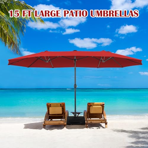 Sundale Outdoor 15ft Large Patio Umbrella with Base Included and Umbrella Cover, Outdoor Double-Sided Umbrella - color: Red