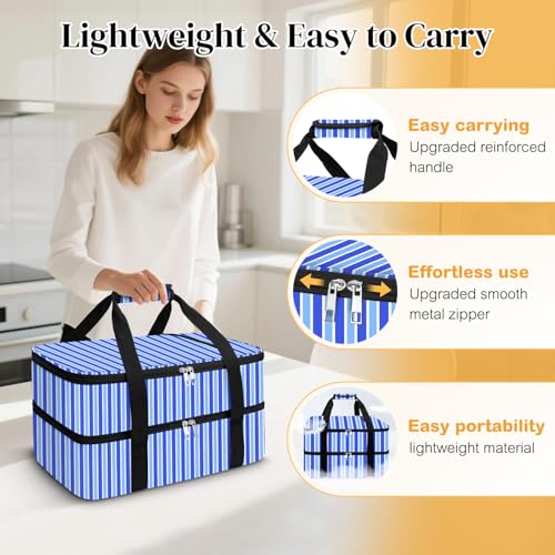 Coobiiya Insulated Casserole Carrier,Lasagna Lugger Tote Keeps Food Hot or Cold,Thermal Lunch Bag Warmer & Cooler Carrier Bag,Portable Tote Bag Fits 9" x 13" Baking Dish for Picnic and Cookout - color: Stripes, size: Double Layer: 15.75 × 11.8 × 7.87 in