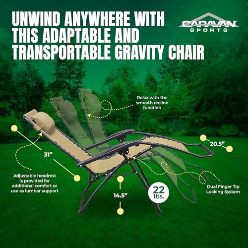 Caravan Sports Zero Gravity Outdoor Portable Folding Camping Lawn Deck Patio Pool Recliner Lounge Chair for Adults, Adjustable Headrest, Beige - color: Beige