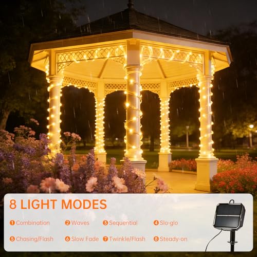 Solar Rope Lights for outside, 66ft 200 LED Solar string Lights with 8 Modes, Waterproof Solar Outdoor Light for Patio Garden Party Tree Porch Pool Fence Outdoor Holiday Xmas Decor-Warm White - color: Warm White, size: 66ft