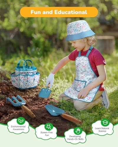 Grenebo Kids Gardening Set Toys, Quality Garden Tool Kit for Kids and Toddlers, Includes Two Shovels, Garden hat,Rake, Apron,Gloves, Watering Can, and Tool Bag (Blue) - color: B-blue