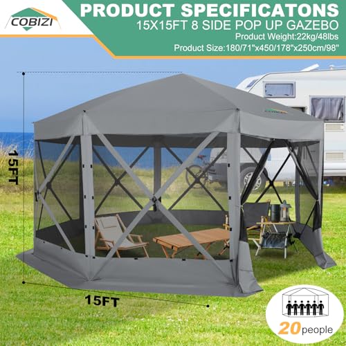 COBIZI 15x15 FT Pop Up Gazebo - Canopy Tent, Large Gazebos On Clearance with Sidewalls, Screened in Gazebo,carpas para Patio,Portable Screen Tents for 12-15 Persons Outdoor Camping, Backyard,Gray - color: Gray, size: 15x15ft Essential Gazebo