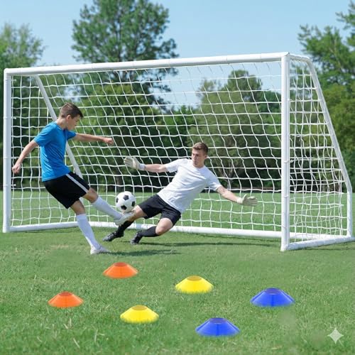 NAIZEA Soccer Goals - 24x8/21x7/18x7/12x6/16x7/10x6/8x6/6x4FT Soccer Goals for Backyard - Metal Soccer Goal for Youth Adult - Multiple Sizes Colors- Perfect for Games Indoor Outdoor - size: 12ft x 6ft, style: Trainer-White/PVC