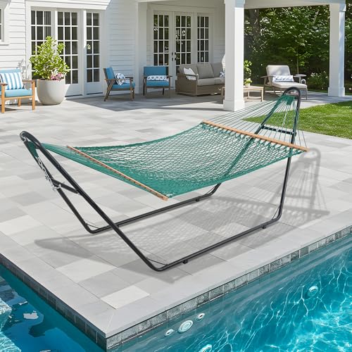 Lazy Daze Hammocks 12FT Double Rope Hammocks, 2 Person Hand Woven Cotton Hammock with Spreader Bar for Outside, Patio, Poolside, FIT 13-15 FT Stand, Max 450 Lbs, Green, 141 x 57 inches - color: Green