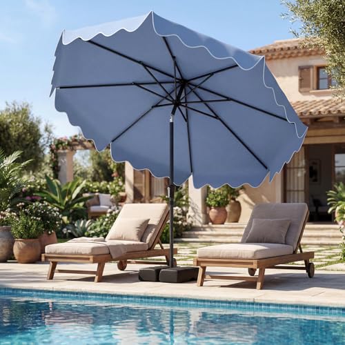 Tangkula 9 FT Patio Umbrella with Base Included, 2-Tiers Outdoor Scalloped Table Umbrella with 2 Sandbags, Tilt Adjustment, Crank, 8 Ribs for Market Backyard Pool Deck Beach Lawn - color: Navy, size: 9 FT