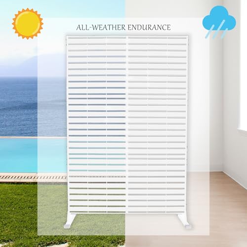Kozyard Metal Privacy Screen 74" H x 47.2" W Decorative Outdoor Divider with Stand Panels Freestanding Screen Set for Deck Patio Balcony Garden Outdoor&Indoor (White/Horizontal Slat) - color: White/Horizontal Slat