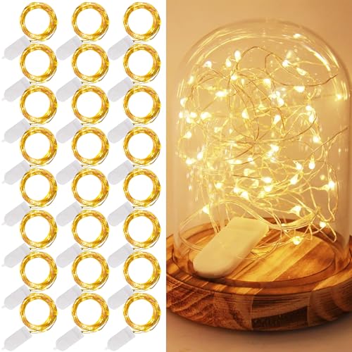 WATERGLIDE 24 Pack Fairy Lights Battery Operated (Included), 7 ft 20 LED Mini String Lights, Waterproof Silver Wire Firefly Starry Lights for DIY Wedding Christmas Party Mason Jars Decor, Warm White - color: Warm White