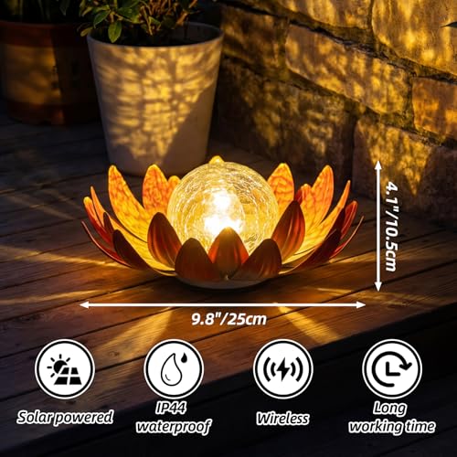MEBRUDY Solar Lights Outdoor Garden Decor, Bright Globe Glass Lotus Flower Lamp, IP44 Waterproof Metal Lotus LED Lights for Patio, Yard, Lawn, Tabletop Outside Decor, Garden Gifts for Women, Orange - color: Orange
