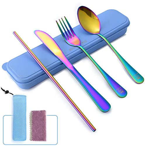 Boulder Bee | Travel Utensils Set | Reusable Camping Cutlery Set | Stainless Steel Flatware Set | Portable Silverware Set with Case | Includes Knife/Fork/Spoon/Straw/Cleaning Cloth/Case (Rainbow) - color: Rainbow