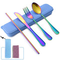 Boulder Bee | Travel Utensils Set | Reusable Camping Cutlery Set | Stainless Steel Flatware Set | Portable Silverware Set with Case | Includes Knife/Fork/Spoon/Straw/Cleaning Cloth/Case (Rainbow) - color: Rainbow