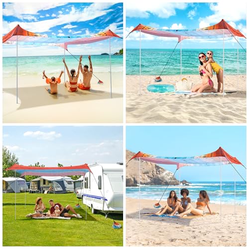 Beach Tent, Beach Canopy Sun Shade UPF 50+, Portable 10×10 FT Camping Sun Shelter with Sandbags, Poles, Ground Pegs and Anti-Wind Ropes for Outdoor, Backyard, Picnics, Sport, Fishing - color: Red Sea Waves