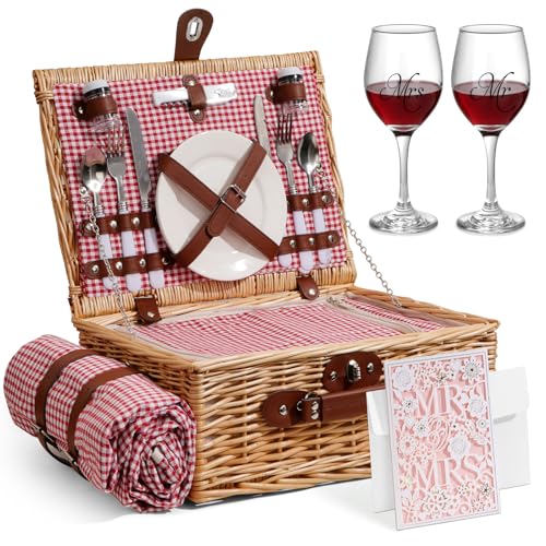 Picnic Basket for 2 with Waterproof Picnic Blanket, Wicker Picnic Set Kit with Cooler for Beach, Insulated Picnic Baskets, Bridal Shower Gift Wedding Gifts with Mr Mrs Wine Glasses and Greeting Card - color: Wedding Gift Style Red and White