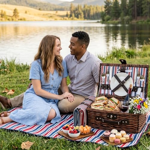 Wicker Picnic Basket for 2 with Waterproof Picnic Blanket and Insulated Bag Classic Red, White and Blue Stripes for Soccer Game, Camping, Travel, Birthday Gift, Wedding Gift - color: Retro Red White and Blue Stripes