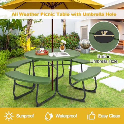 Tangkula 8 Person Picnic Table, Outdoor Round Picnic Table with 4 Built-in Benches, Umbrella Hole, Metal Frame & HDPE Tabletop, Outside Table and Bench Set for Backyard, 2300lbs Weight Capacity - color: Green