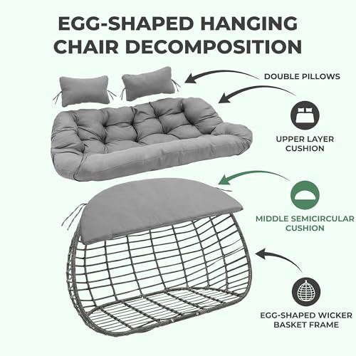 2 Person Hanging Egg Chair with Stand for Outdoor, Patio Hand Made Rattan Wicker Double Egg Swing Chairs Hammock Chair with UV Resistant Cushion and Metal Frame, Porch Swing Loveseat for Backyard - color: Light Grey