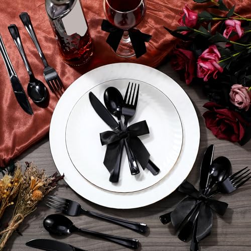 Minatee 25 Sets Black Plastic Cutlery Set with Twist Tie Bows, Heavy Duty Tableware Disposable Forks Knives Spoons Silverware Utensils Set for Coquette Birthday Bow Party Table Setting Picnics - color: Black