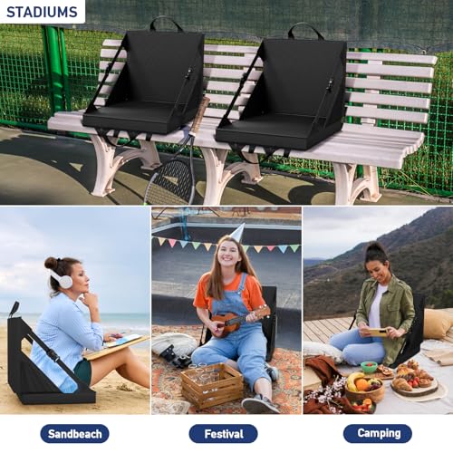 Stadium Seats with Back Support - Folding bleacher Chair for Beach and Camping - Portable Bleachers Cushions for Adults and Kids - Foldable Outdoor Lawn Bench for Camp (Black)