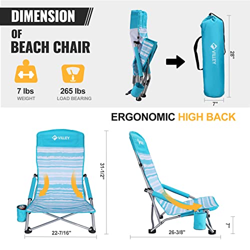 VILLEY Low Beach Chair, High Back Folding Chair for Adults, Lightweight and Portable for Outdoor, Camping, Lawn, Music Festival, with Cup Holder and Carry Bag - Blue Stripes - color: Blue Stripes