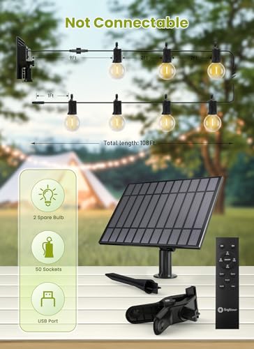 Brightown String Lights Outdoor Waterproof with Remote Cable Ties, 108FT G40 Patio Lights with 50 LED Shatterproof E12 Bulbs, 3 Light Modes, Dimmable Hanging Lights for Backyard Party Decor - size: 108FT G40