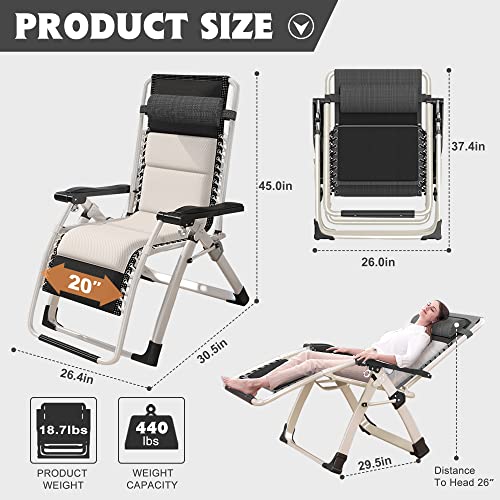ABORON Padded Zero Gravity Chair,Premium Outdoor Lawn Folding Lounge Chairs,Sturdy Adjustable Reclining Patio Chairs with Headrest & Tray - color: Ivory White