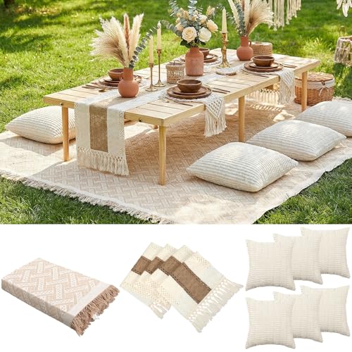 Beeveer Extra Large Outdoor Boho Picnic Blanket 91'' x 71'' Beige White Table Runner 6 Throw Pillow Cover Woven Cotton Yarn Oversize Beach Blanket Washable for Picnic Camp Wedding - color: Beige White, size: Fit 4-6 People 91'' X 71''