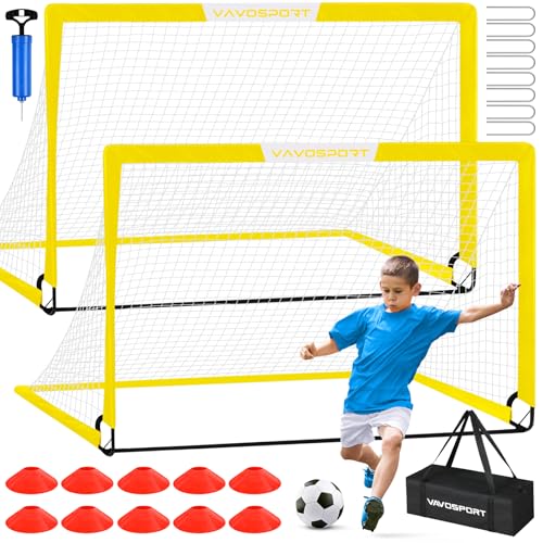 VAVOSPORT Soccer Goal, 2 of 6'x4' Kids Soccer Goals for Backyard Set, Portable Pop Up Soccer Net, Practice Soccer Training Equipment with Ball, Cones for Toddler,Youth Sports Outdoor Games Yard Play - color: Yellow