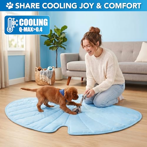 PetAmi Dog Cooling Mat, Ginkgo Leaf Shape, Pet Pad with Cooling Nylon & Soft Fleece, Q-Max > 0.4 Reversible All Season Blanket for Dogs & Cats, Medium 44x49 in, Light Blue - color: Baby Blue, size: Medium