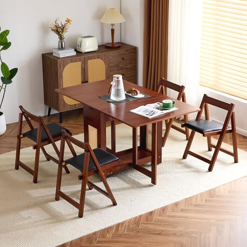 VINGLI 5-Piece Folding Dining Table Set, Extendable Drop Leaf Solid Wood Table with 4 Chairs, Drawers & Wheels, Space-Saving Design for Kitchen, Walnut - color: Walnut