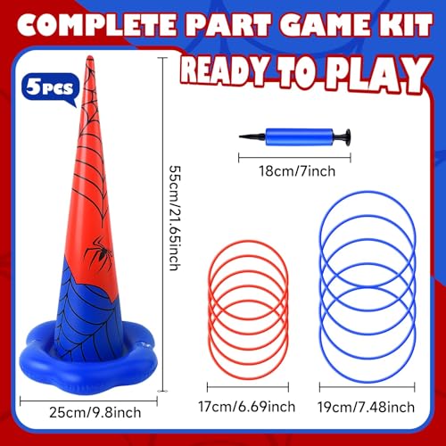 5 Pack Inflatable Spider Web Ring Toss Game - Red and Blue Spider Themed Birthday Party Games with 10 Plastic Rings & Pump, Indoor Outdoor Carnival Toss Toy for Kids Party Favors - color: Red Blue Spider