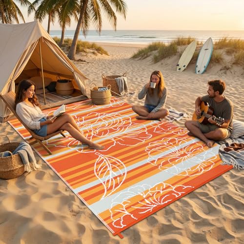 Garvee 5x8 Outdoor Waterproof Rug, Floral Outdoor Area Rug，Reversible Plastic Straw Patio Rug, Portable Camping Mat for RV, Picnic, Beach, Balcony, Garden & Camping Orange - color: Orange, size: 5' x 8' (Rectangular)