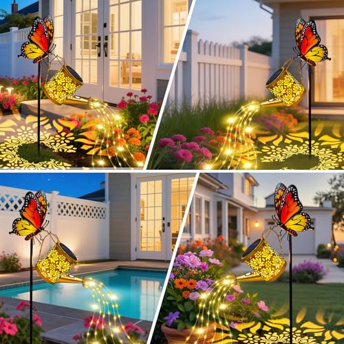 Solar Lights Garden Decor, Waterproof Solar Watering Can with Butterfly Garden Stakes, Outdoor Light with Cascading Lights for Outside Patio Lawn Porch, Birthday Gift for Women - color: Butterfly 1 Pack