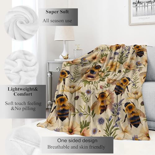 Bumblebee and Floral Blanket Bee and Wildflower Yellow Throw Blankets Gifts for Girls Boys Adults Lightweight Soft Fleece Cozy for Sofa Couch Bed Room Travel Birthday Decor 50x60in - color: Bee, size: 50x60in