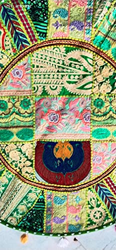 Indian Handmade Patchwork Codework Lime Green Pouf Cover Ottoman Round Floor Pillow Cushion Seating Throw Decorative Pom Cases Bohemian 32 Inches, BFPC0200, 33 Inches, Lime-green