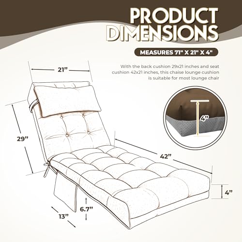 Outdoor Chaise Lounge Chair Cushion, Waterproof Outdoor Chair Cushions for Patio Furniture, 71 x 21 x 4 Inches Replacement Chaise Lounge Cushion with Ties (Brown) - color: Brown