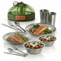 Unique Complete Messware Kit Polished Stainless Steel Dishes Set| Tableware| Dinnerware| Camping| Includes - Cups | Plates| Bowls| Cutlery| Comes in Mesh Bags - style: 2 Person Set Green
