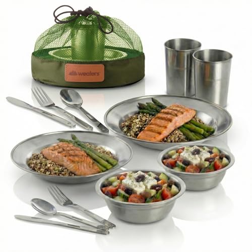 Unique Complete Messware Kit Polished Stainless Steel Dishes Set| Tableware| Dinnerware| Camping| Includes - Cups | Plates| Bowls| Cutlery| Comes in Mesh Bags - style: 2 Person Set Green