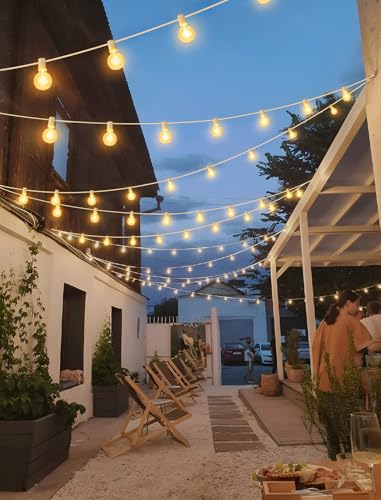 Larkvue 50FT(2x25FT) Solar String Lights Outdoor with Remote, Waterproof Dimmable 3 Modes Patio Lights with 20+2 LED G40 Bulbs for Party Bistro-White - color: White